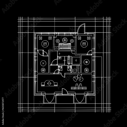 Architectural Blueprint: A precise architectural blueprint, meticulously drawn in white lines against a stark black background, showcases the layout and design of a modern interior space. 