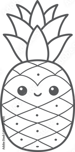Kawaii cute pineapple coloring page for kids, black and white vector illustration of smiling tropical fruit, cartoon-style line art, fun printable worksheet for children’s creative coloring activities