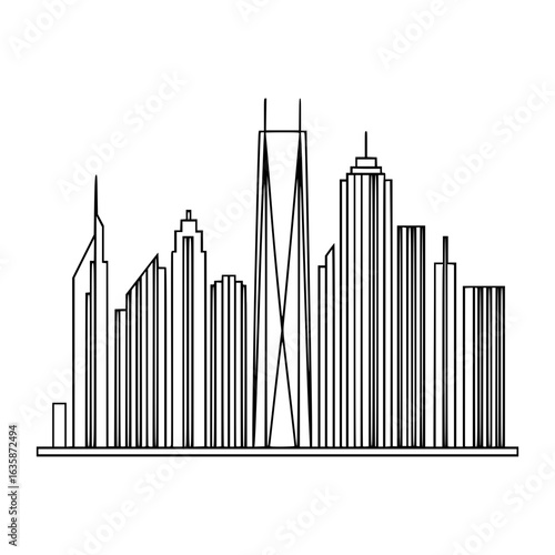 Cityscape Silhouette: A sleek, modern skyline with towering skyscrapers stands in monochrome against the open sky, symbolizing urban life and architectural achievement. 