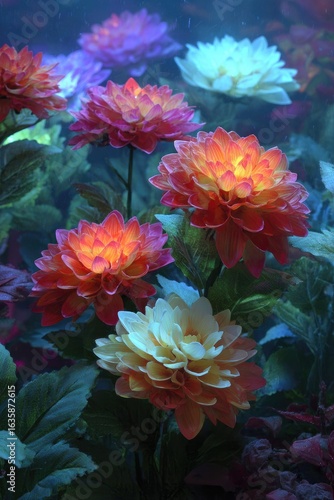 Luminous dahlias bloom in a mystical garden at night
