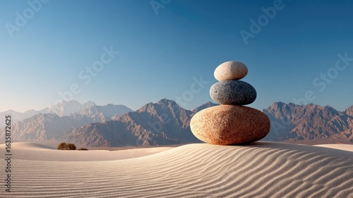 Three stones balanced on a desert dune with mountains in background