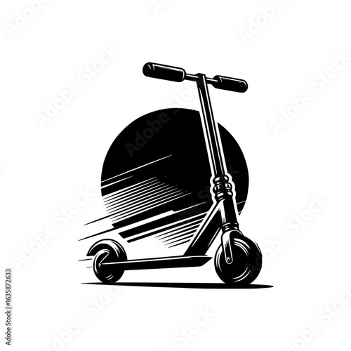 Urban Mobility in Motion: A dynamic and artistic rendering of a sleek scooter, its lines conveying speed and innovation, set against a striking black and white background.