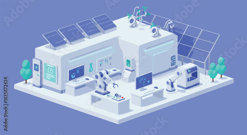 Isometric lab with solar panels using robots to create new plants/food