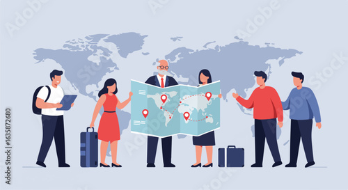 Group plans trip using map with world background; travel or business travel use