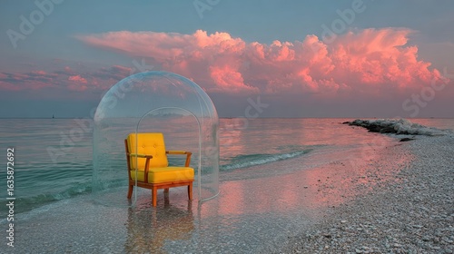 A yellow chair sits inside a clear dome on a beach at sunset, under a vibrant pink sky