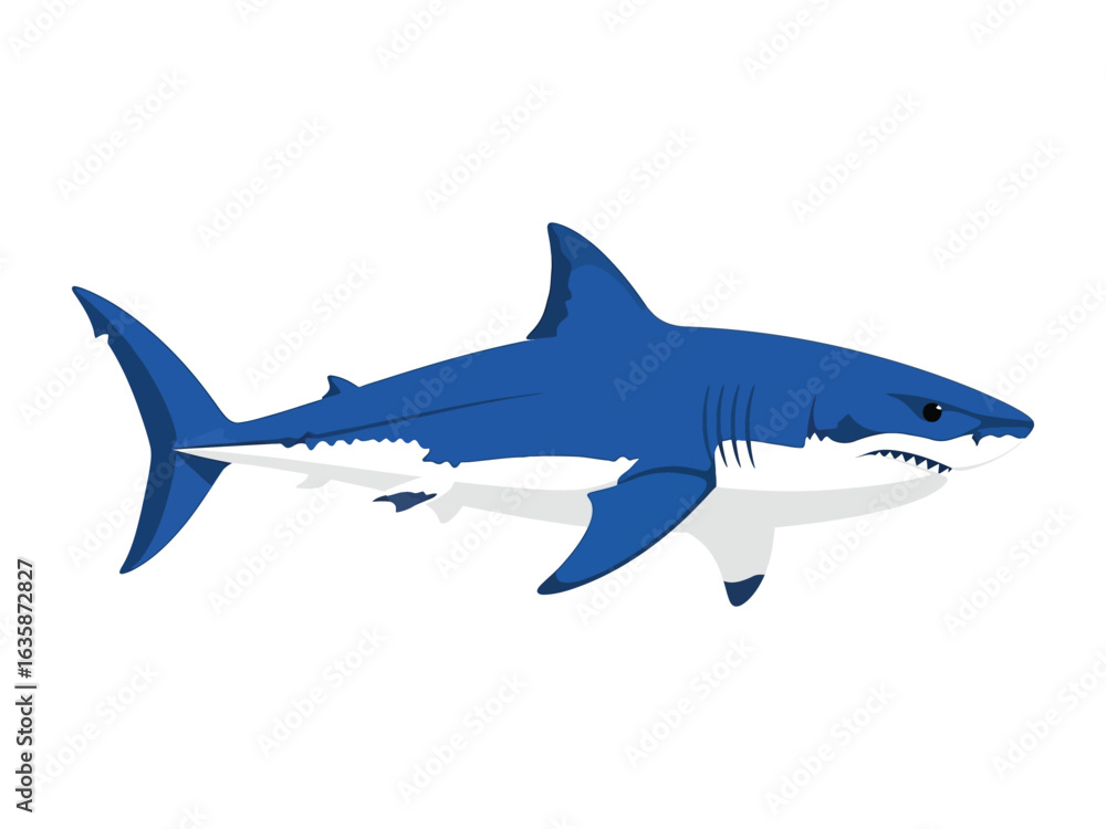 Naklejka premium Majestic Blue Shark: A powerful and streamlined great white shark glides gracefully, rendered with striking simplicity and bold hues, embodying the raw beauty and inherent danger of the open ocean.