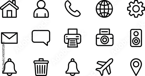 A collection of simple outline icons representing common digital and everyday objects for user interface design