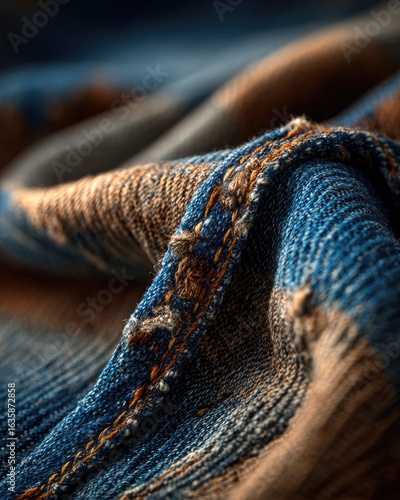 Close-up of textured denim fabric, showing stitching and folds