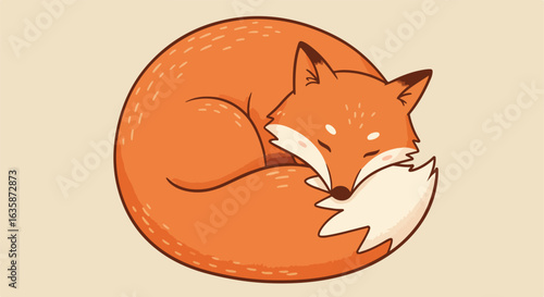 Cartoon fox sleeping, curled up on a cream background. Childlike illustration
