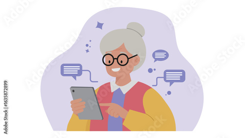 Elderly woman using a tablet for online communication and chatting, flat vector illustration of a smiling senior character interacting with technology