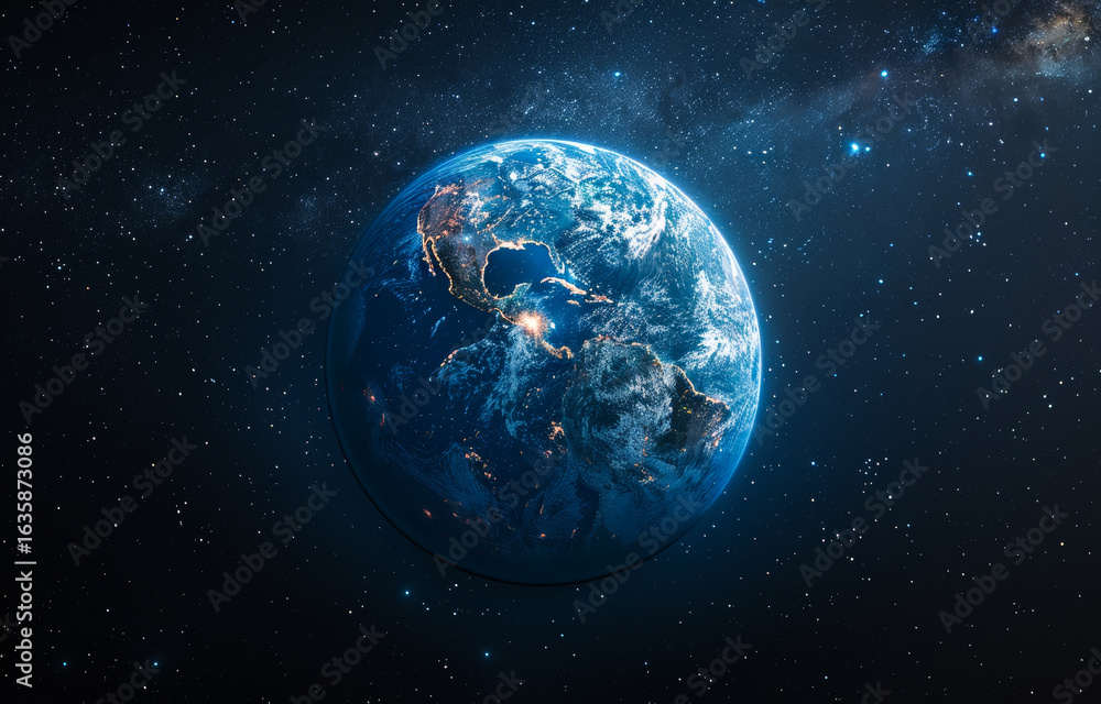 Obraz premium Earth viewed from space at night. Brightly lit cities and landscapes illuminate the night side of Earth, showcasing the beauty of global civilization.