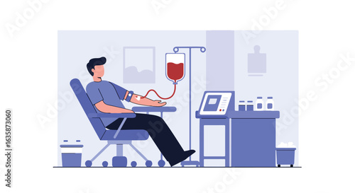 Blood donation Person donates blood, lab equipment visible in background