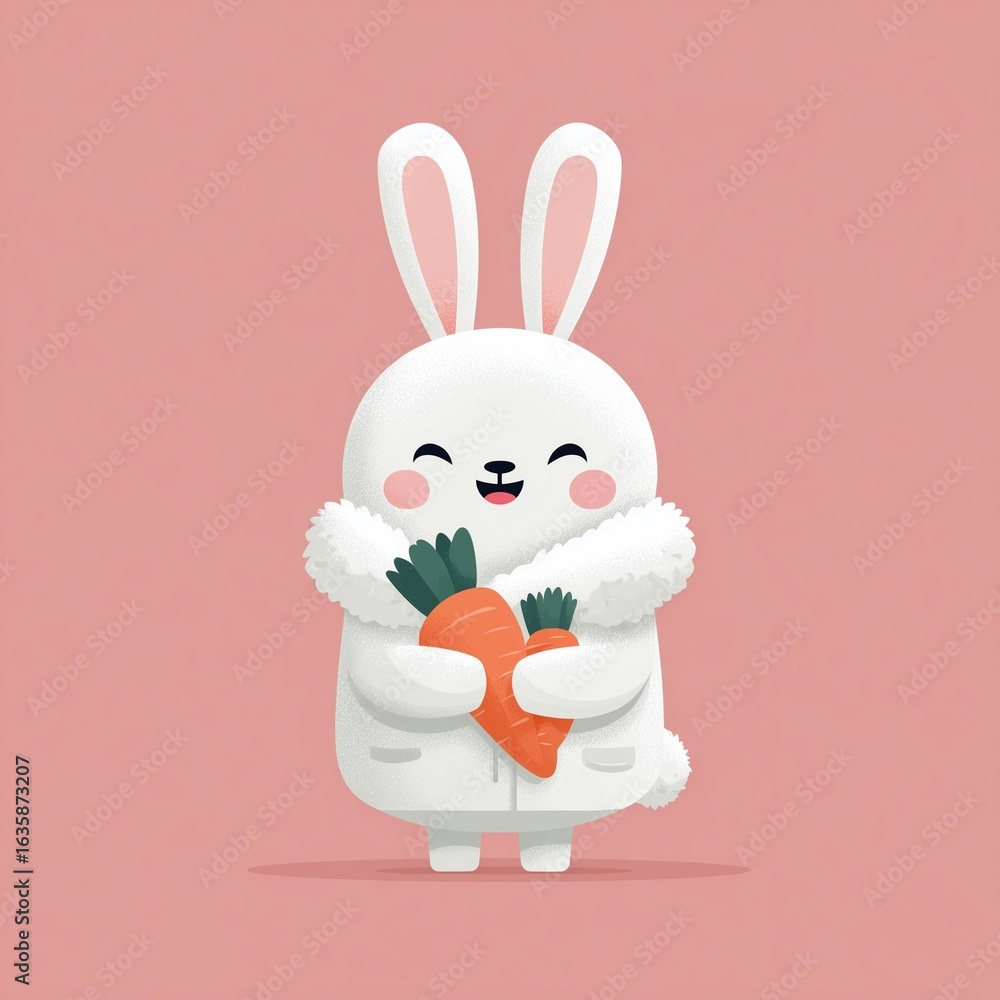 Fototapeta premium Cute cartoon rabbit holding a carrot in a simple flat vector style with pink and light purple background, kawaii design with bold shapes,white border, and vibrant playful character illustration