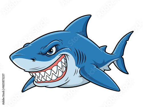 Shark's Menacing Grin: A fierce shark bares its teeth in a colorful illustration. A powerful depiction of a shark's predatory nature and the raw power.