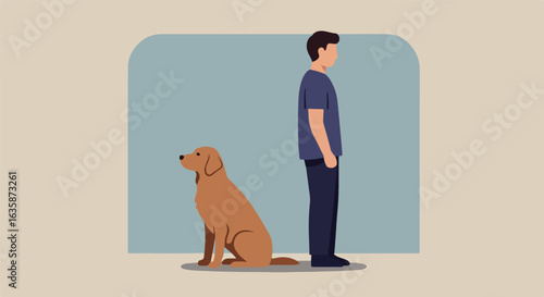 Man stands, dog sits in waiting position indoors near muted, framed wall