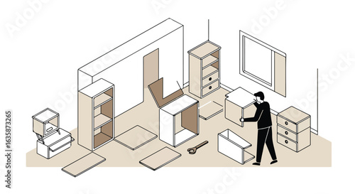 Man assembles furniture in a room; other pieces stand in the background