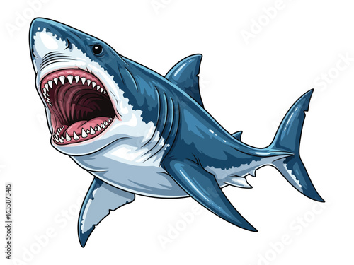 Apex Predator: A fierce illustration of a great white shark, showcasing its powerful jaws and predatory nature, rendered in dynamic artwork style. 