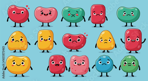 Colorful cartoon candy characters expressing diverse emotions on a plain background