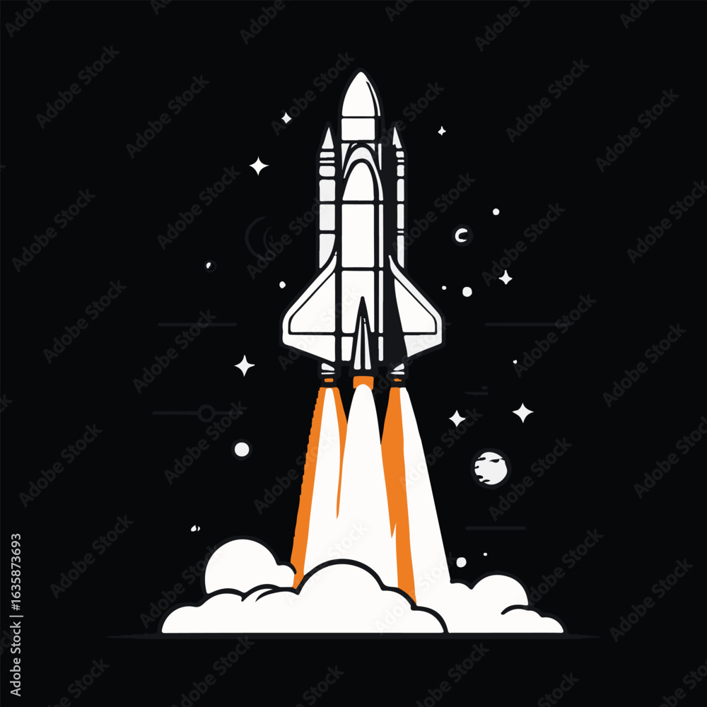 Obraz premium Space shuttle launch in a line art style. Rocketship taking off into a starry night sky. Vector illustration for science and exploration themes. 