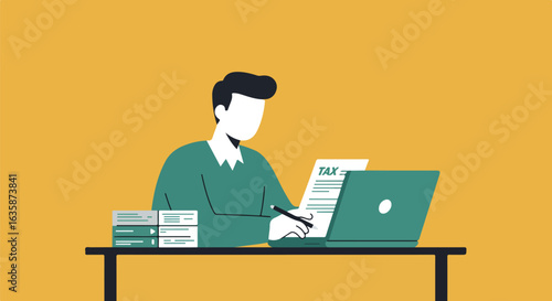Person files taxes at desk with laptop, stacks of paperwork in background