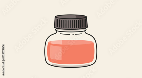 Clear bottle with coral liquid, closed, on light surface. Possible use homeopathy