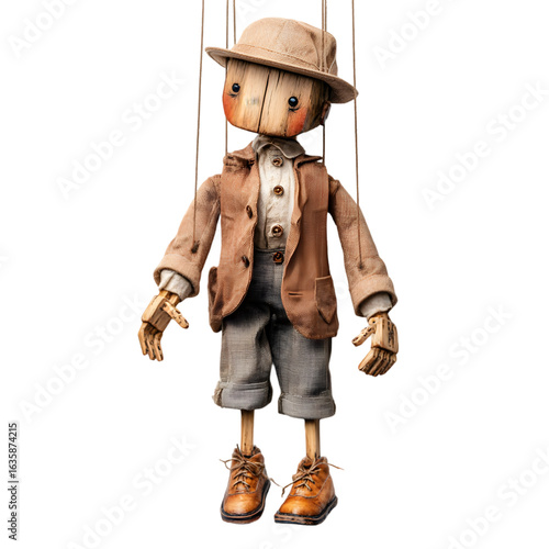 Vintage wooden marionette puppet dressed in a hat and jacket isolated on transparent background