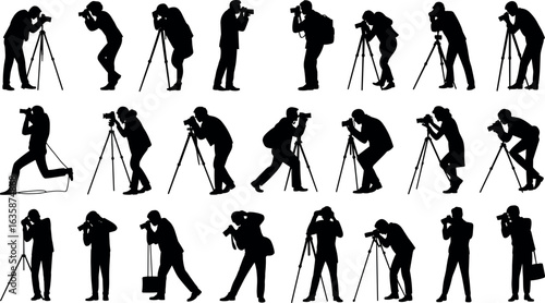 Silhouettes of photographers capturing moments with their cameras mounted on tripods in various poses