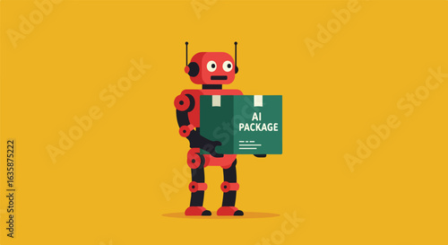 Red robot carrying an AI package on a yellow background, for technology illustration