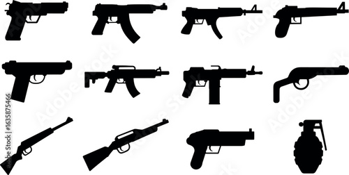 Collection of silhouetted firearms including pistols submachine guns rifles and a grenade