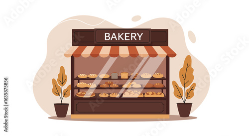 Illustrated bakery shop facade with bread inside and abstract plants background