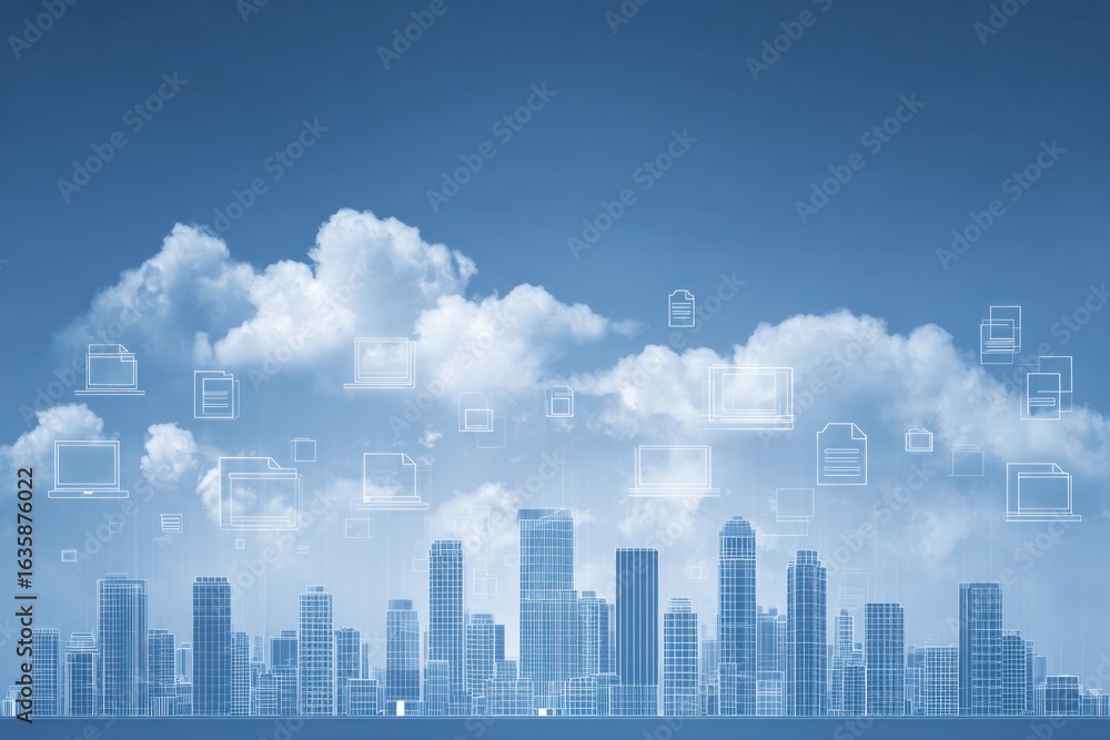 Fototapeta premium City skyline with digital cloud documents