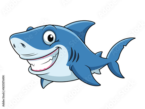 Happy Shark Illustration: A cheerful cartoon shark swimming in clear waters, exuding friendliness with a wide grin, this playful illustration is ideal for educational content, kids' media.