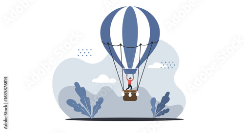 Man in hot air balloon ride, above stylized landscape, for adventure, travel, or fun