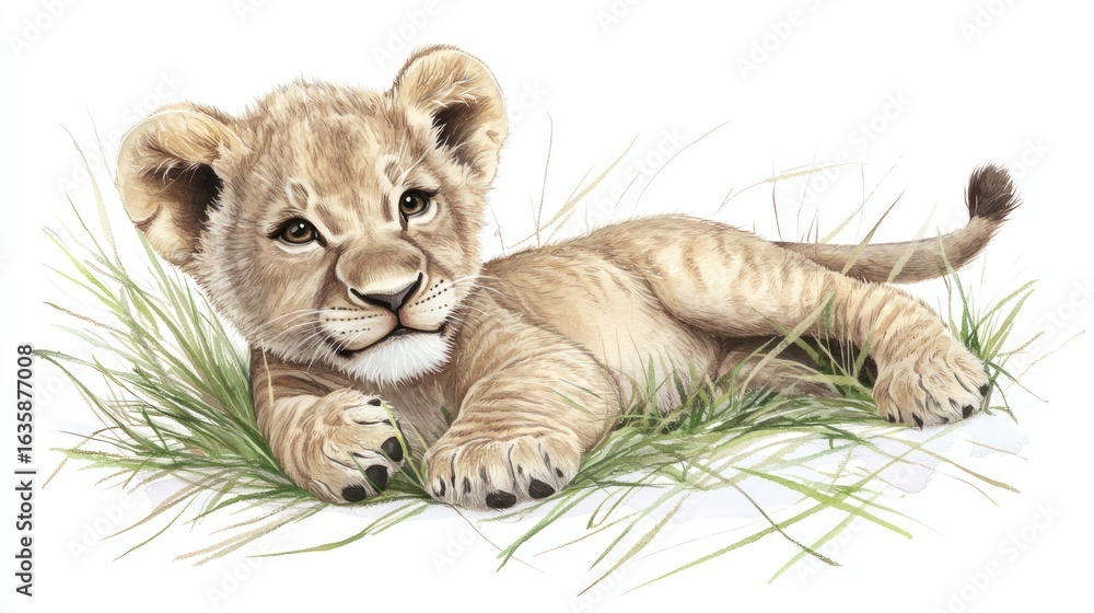 Obraz premium Cute lion cub resting in savanna grass. Perfect for children's books