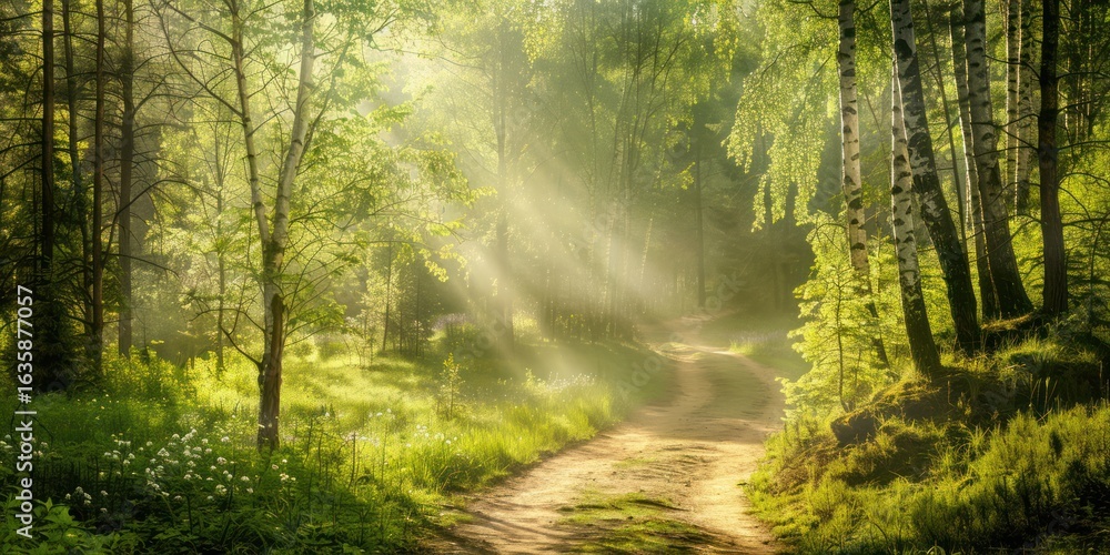 Obraz premium Summer forest wild jungle green landscaper morning time sunlight shine.