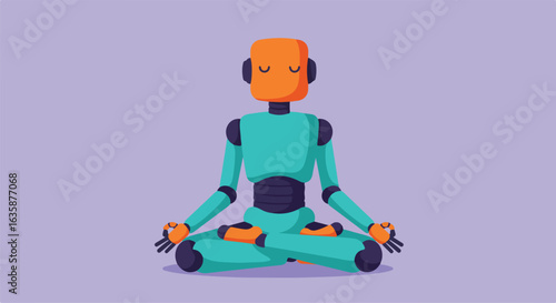 Robot meditates in lotus pose on plain background, for illustrating mental health