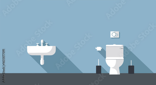 Restroom featuring simple toilet and sink against blue wall.  Graphic Resource
