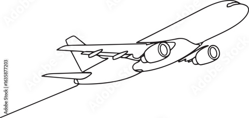 A continuous-line drawing of a large passenger airplane in flight