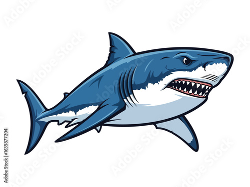 Ocean Predator: A sleek, blue shark, perfectly rendered in a dynamic illustration, displays its fearsome teeth, capturing the apex predator's power and marine allure.