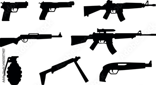Collection of silhouetted firearms including handguns rifles grenade and shotgun