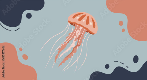 Jellyfish floats in abstract sea. Usable in nature-themed design or children's illustration