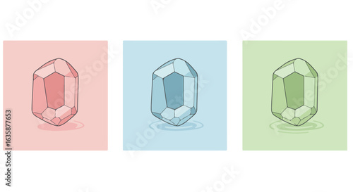 Three gems resting on pink, blue, and green backgrounds; suitable for web use