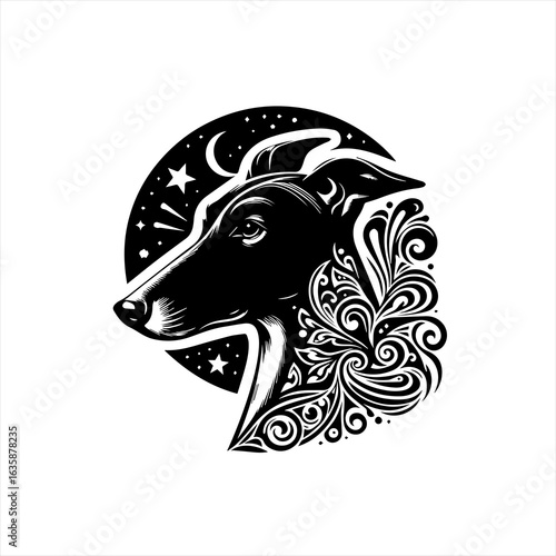 Elegant greyhound profile with celestial and floral ornaments