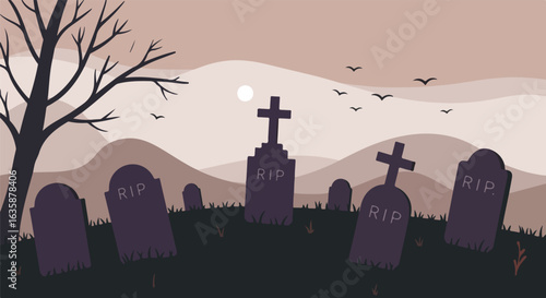 Spooky graveyard scene Birds fly over tombstones in misty landscape. For Halloween decor