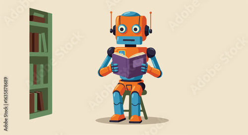 Fun robot reading while sitting on a stool near a bookshelf. Education, AI use