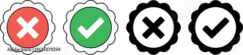 Two pairs of oval icons one set colored red and green with checkmarks the other black and white with checkmarks