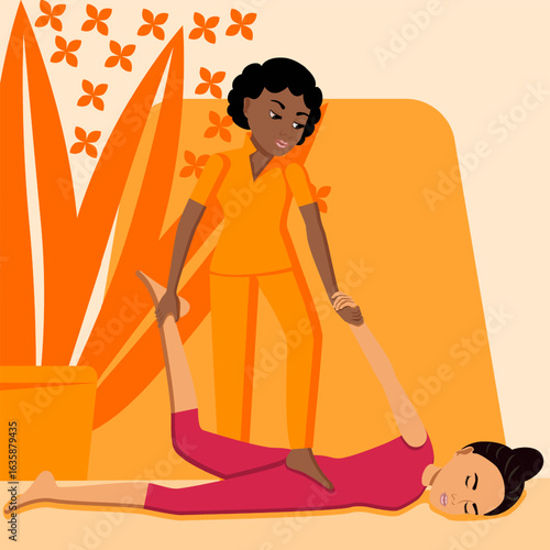 Shiatsu massage. Therapy and treatment by professional therapist in SPA. Isolated flat vector illustration. African and Eastern ethnicity.