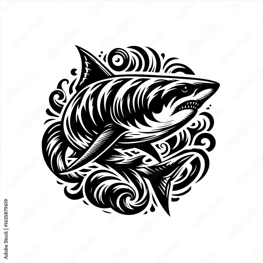 Obraz premium Stylized black and white shark illustration with swirling design
