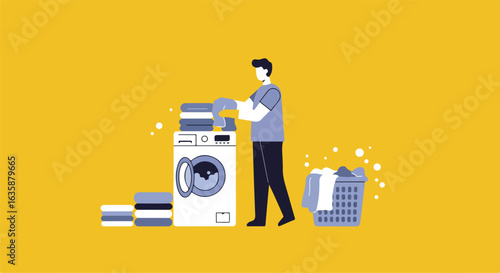 Male doing laundry in a room at home, with clothes, hamper and machine on yellow