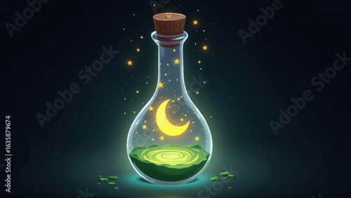 A glowing potion bottle contains a crescent moon, stars, and swirling green liquid inside it now.